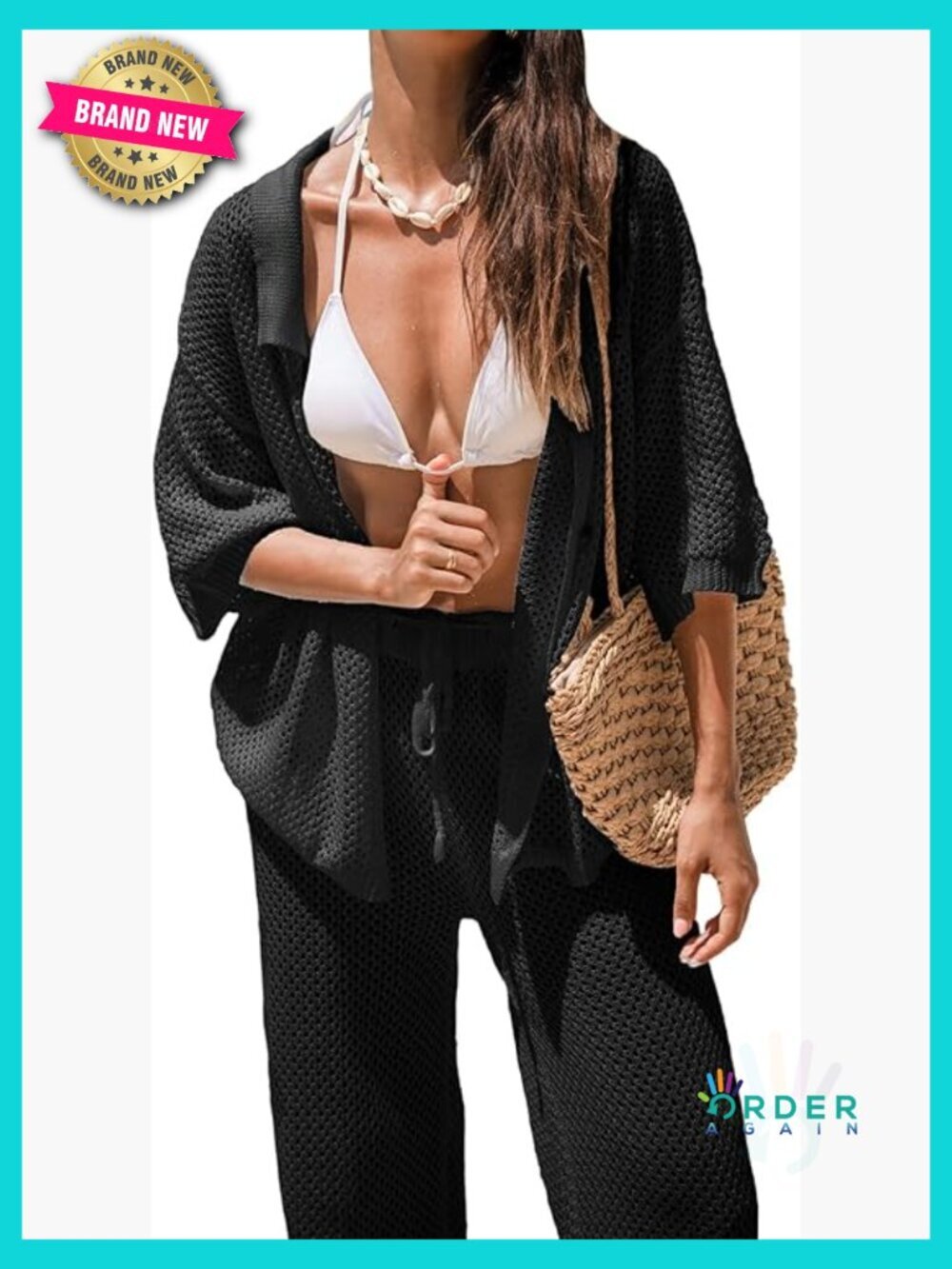 Crochet Cover Up Set Button Down Hollow Out Top Long Net Pant 2 Piece Beachwear